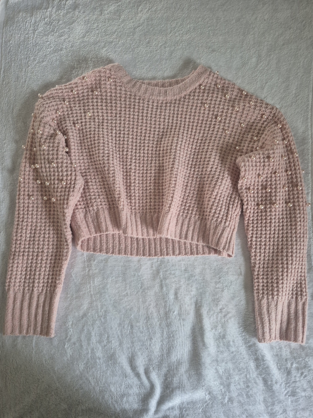 Altar'd State Blush Pink Pearl-Embellished Cropped Sweater